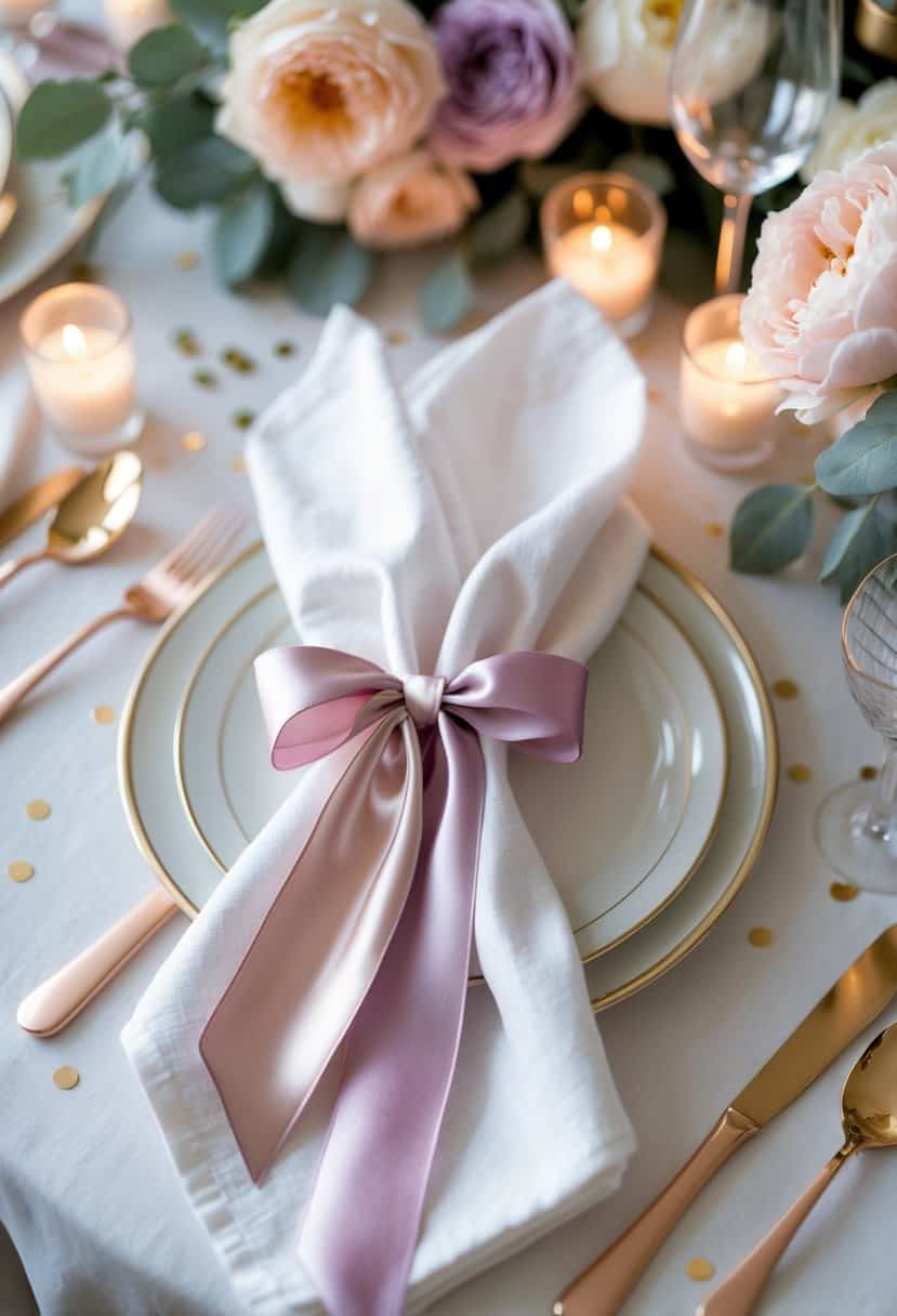 A beautifully decorated table set for a bachelorette party with napkins tied by silk ribbons, surrounded by flowers, candles, and elegant tableware.