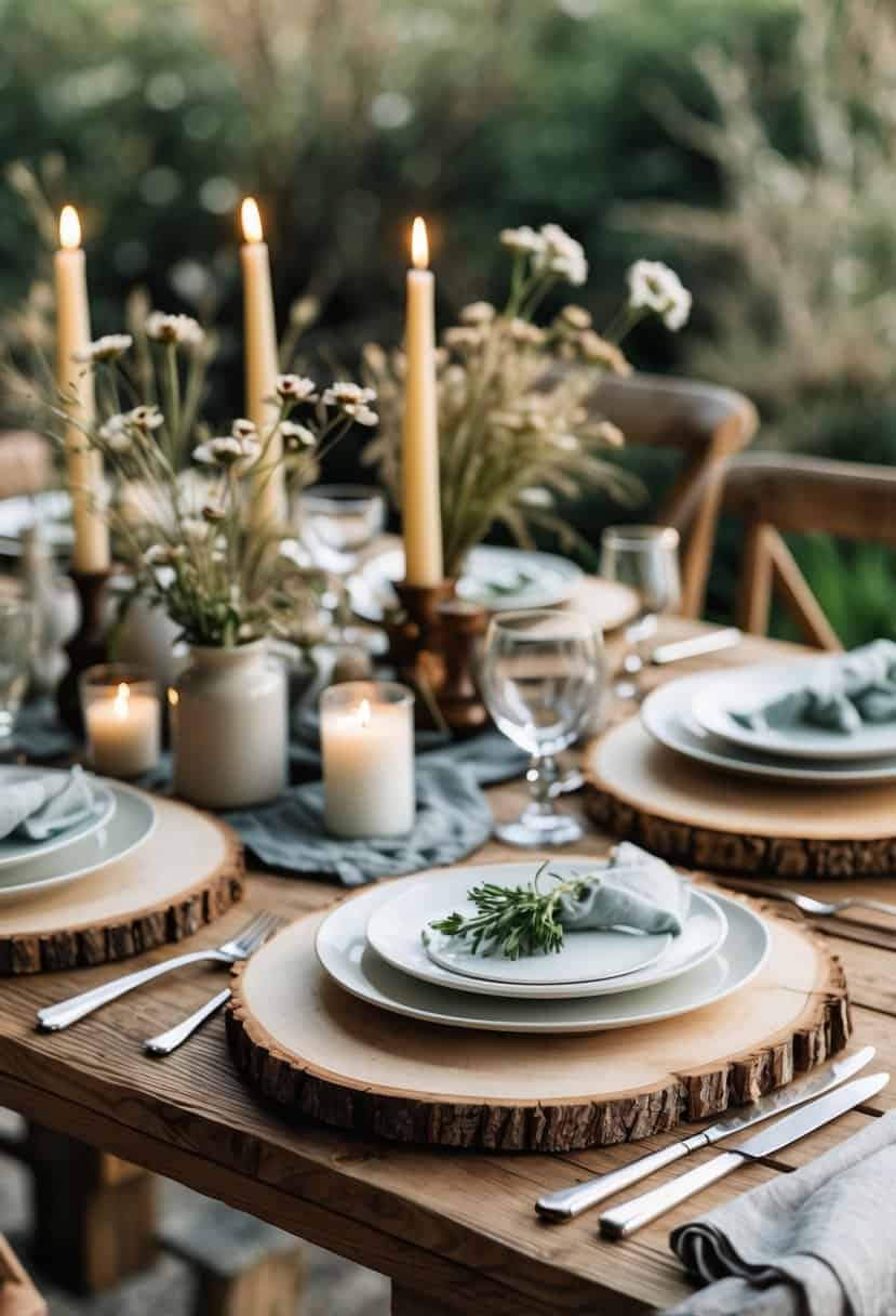 A rustic outdoor dining table set with wood slice chargers, white plates, cloth napkins, candles, glassware, and wildflower centerpieces.