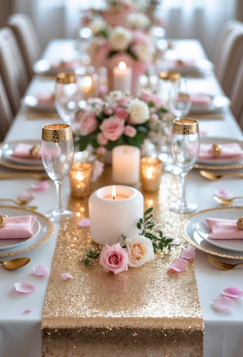 A festive bachelorette party table decorated with a glittering gold runner, floral arrangements, candles, and elegant tableware.