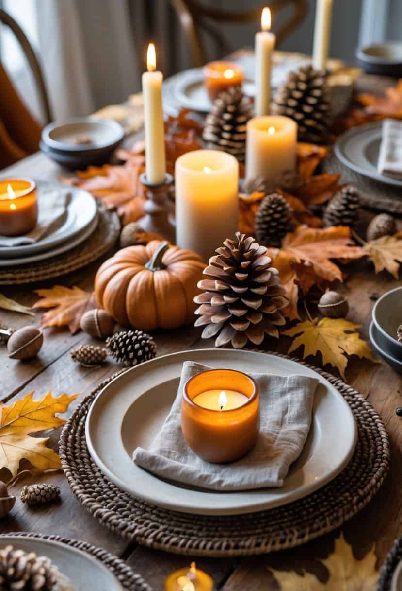 A wooden table decorated with pinecones, acorns, candles, dried leaves, and ceramic dishes arranged for a fall-themed setting.