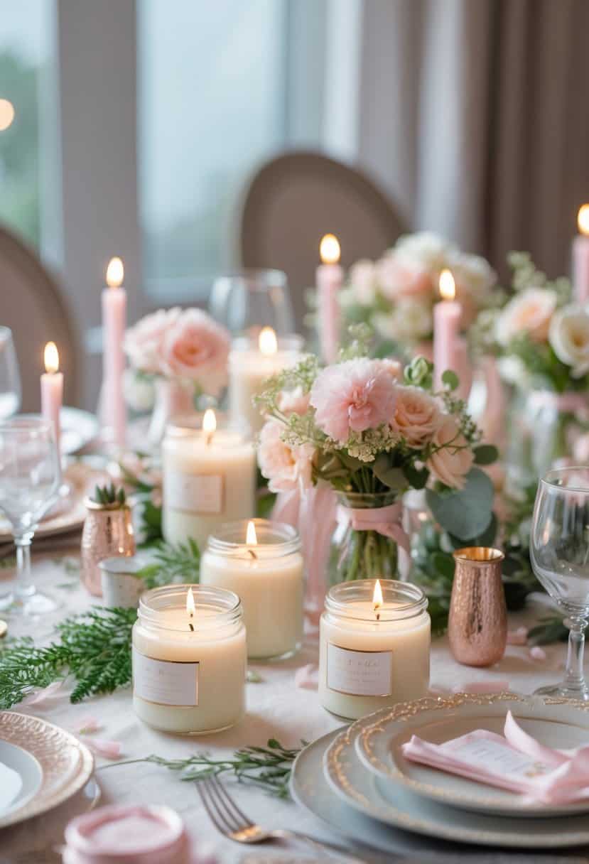 A bachelorette party table decorated with lit soy candles in glass jars, pastel flowers, and elegant table settings.