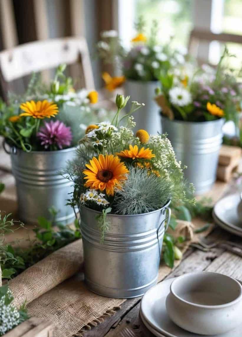 Metal pails filled with assorted fresh flowers and greenery are arranged as centerpieces on a rustic wooden dining table set with ceramic dishes.