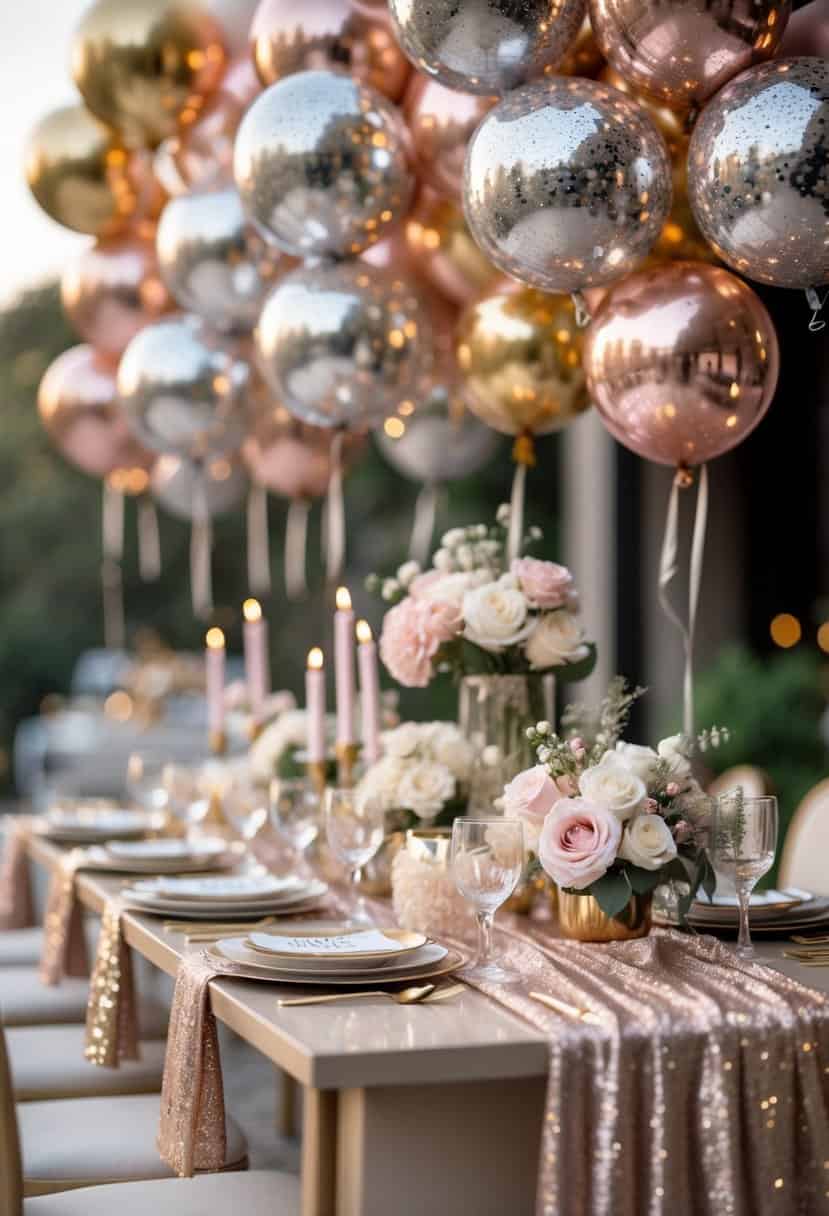 A festive bachelorette party table decorated with metallic confetti balloons, flowers, and elegant tableware.