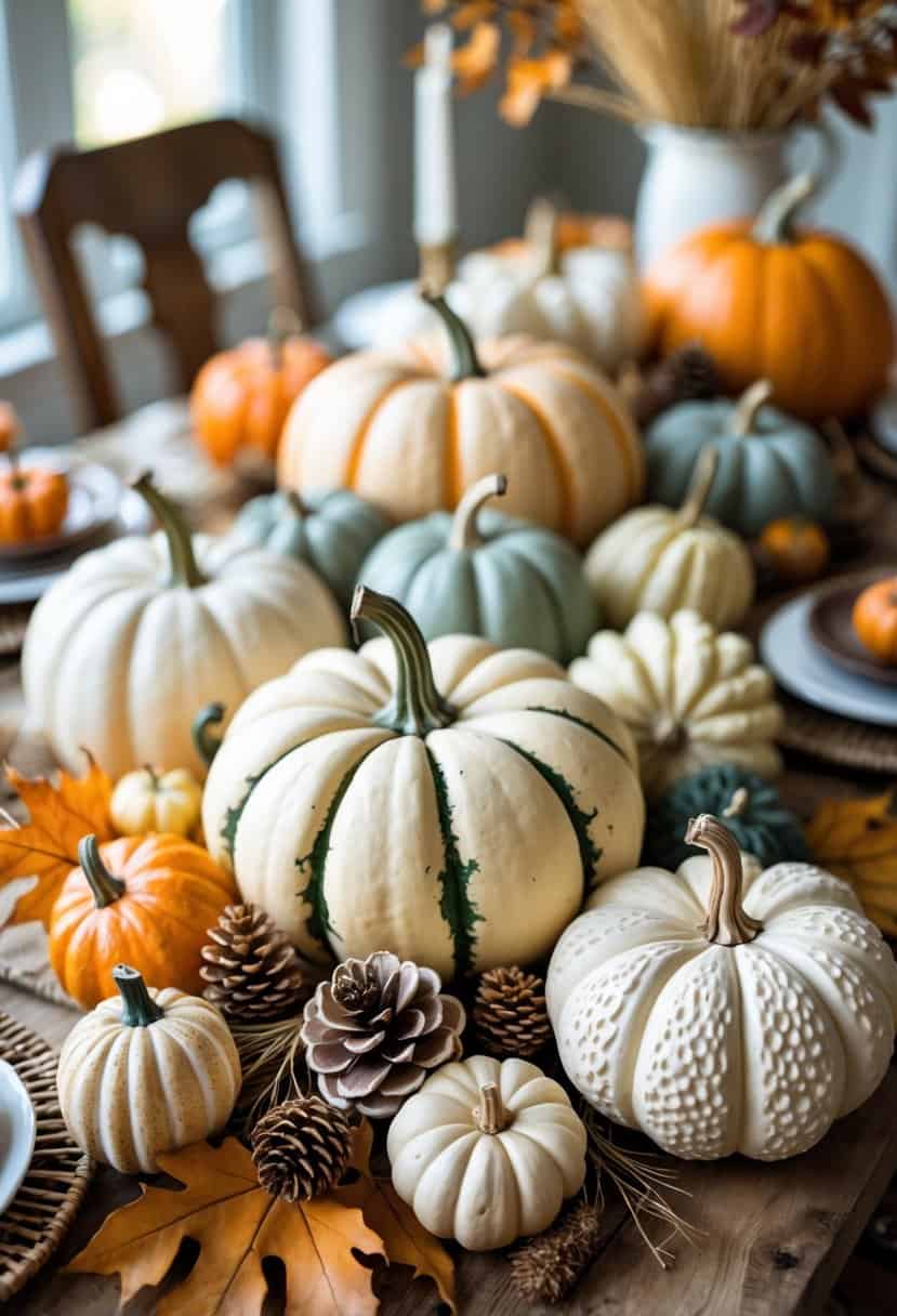 A wooden table decorated with various pumpkins, gourds, dried leaves, pinecones, and wheat, arranged for an autumn setting.