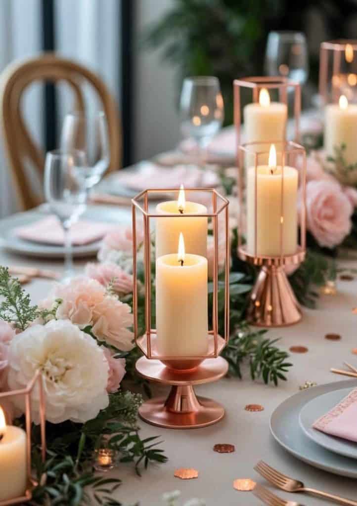 A decorated dining table with lit candles in rose gold holders, pink and white flowers, glassware, plates, and greenery arranged neatly.