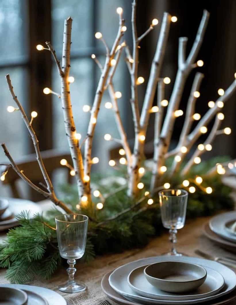A decorated dining table with stacked plates, glassware, cutlery, and a centerpiece of birch branches with string lights and pine greenery.