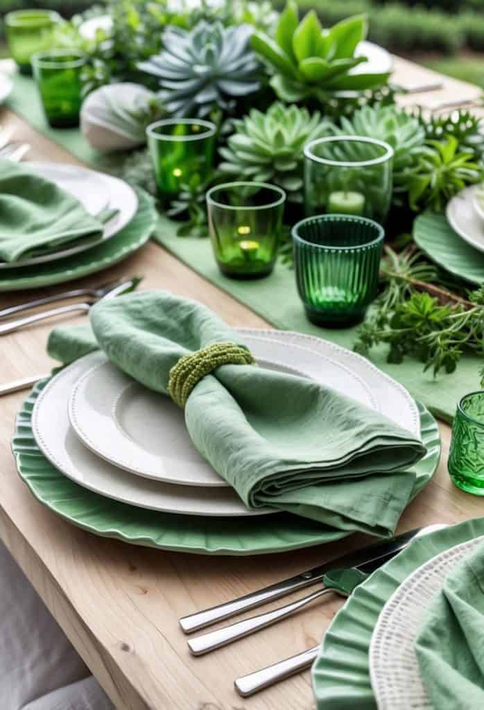 A wooden table set with green and white plates, green napkins, silver cutlery, green glasses, and decorated with succulent plants as a centerpiece.