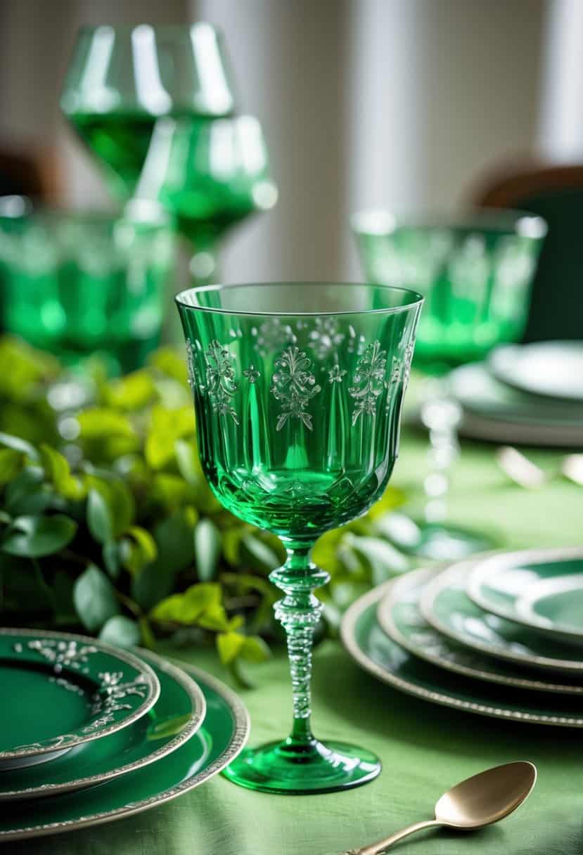 A table set with vintage emerald green wine glasses and green table decorations.