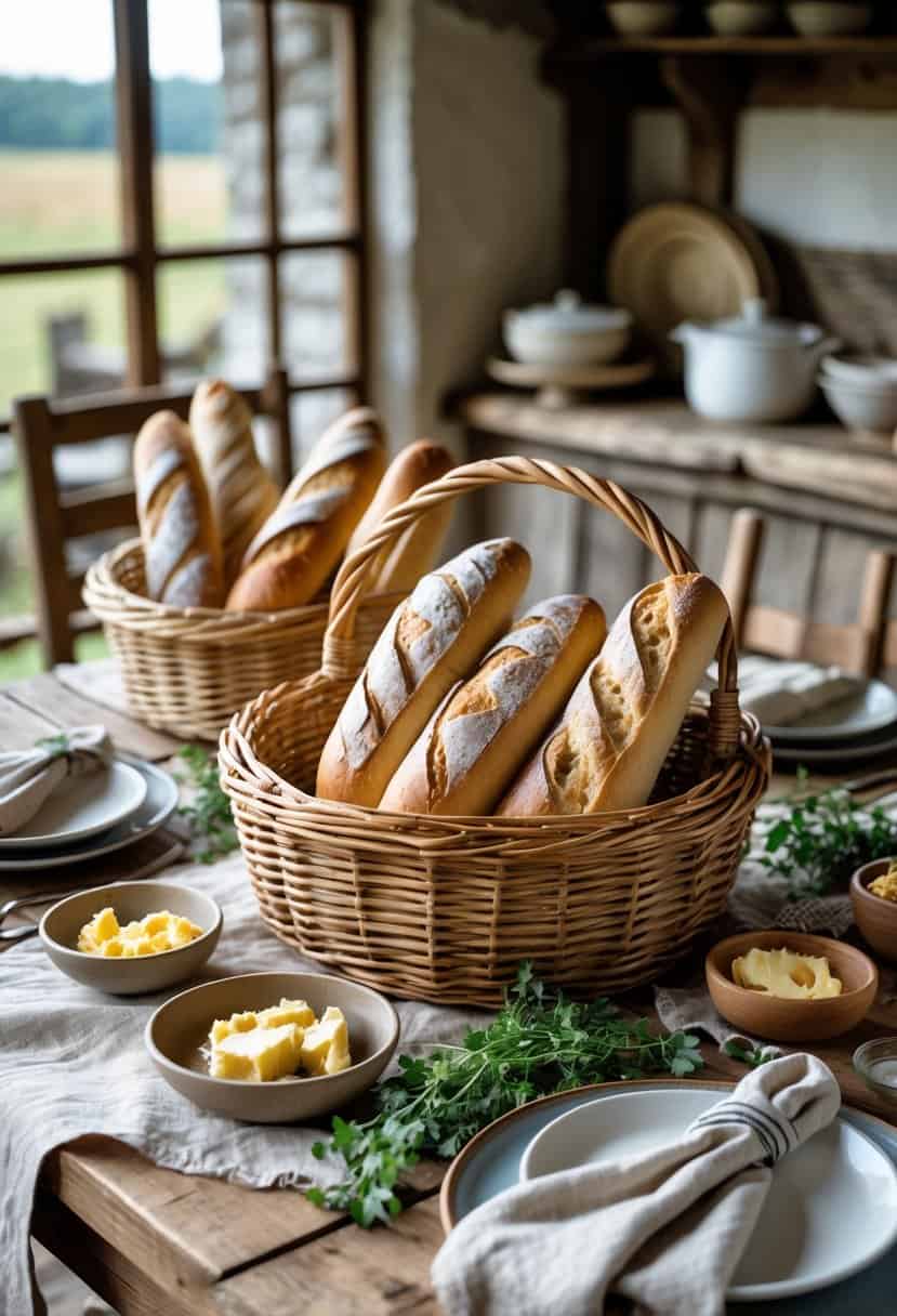 A rustic wooden table set with handwoven wicker baskets holding bread, surrounded by plates, napkins, and fresh herbs.