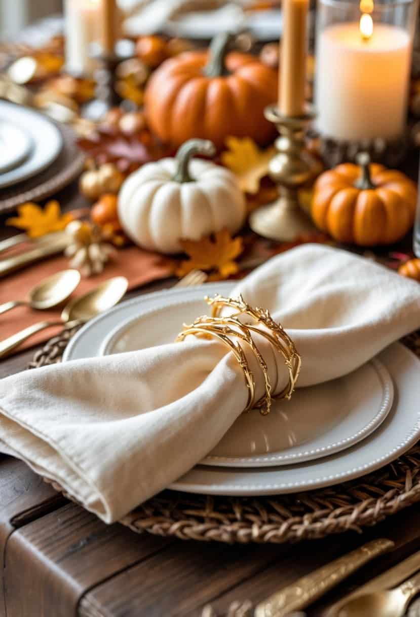 A dining table set for a Friendsgiving meal with napkins held by golden twig napkin rings, surrounded by autumn decorations like pumpkins and candles.