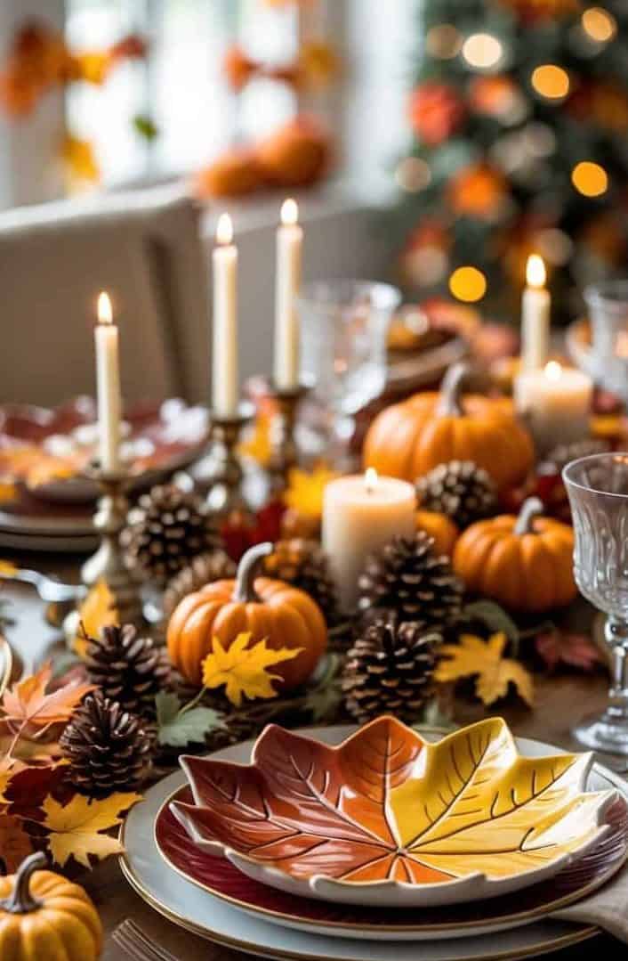 A dining table set with leaf-shaped plates, pinecones, pumpkins, candles, and autumn leaves, creating a festive fall or Thanksgiving atmosphere.