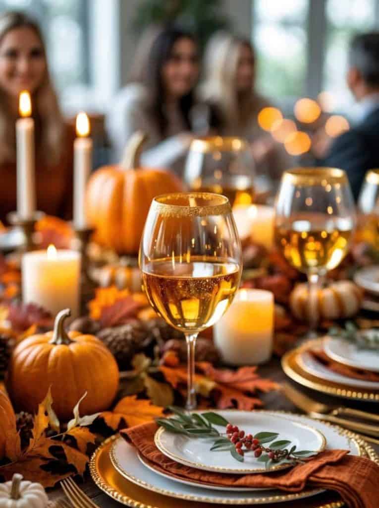Elegant autumn-themed table setting with pumpkins, candles, and gold-rimmed glasses, with blurred guests in the background.