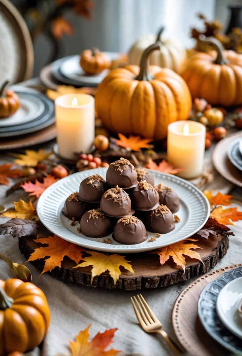 A Friendsgiving table set with a dish of chocolate pumpkin truffles surrounded by autumn decorations and warm lighting.