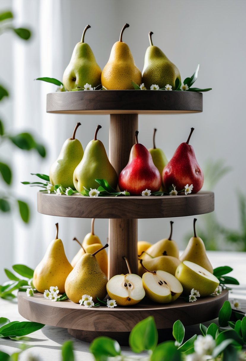 A tiered wooden fruit stand filled with various types of fresh pears in different colors and shapes.