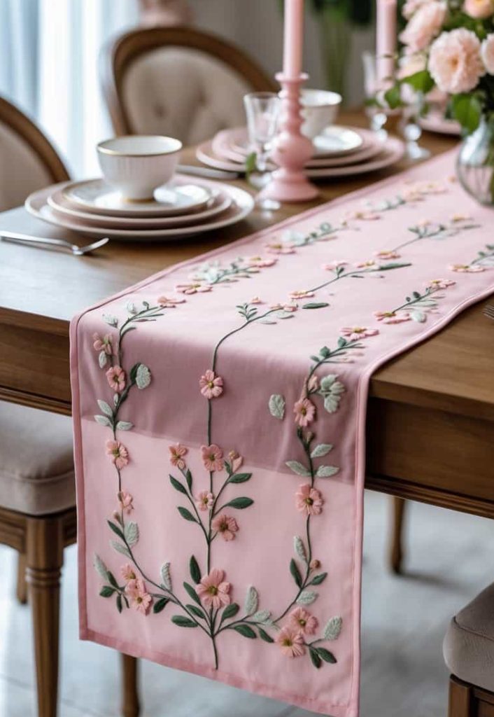 A dining table set with plates and bowls, featuring a pink floral embroidered table runner, pink candles, and a bouquet of flowers.