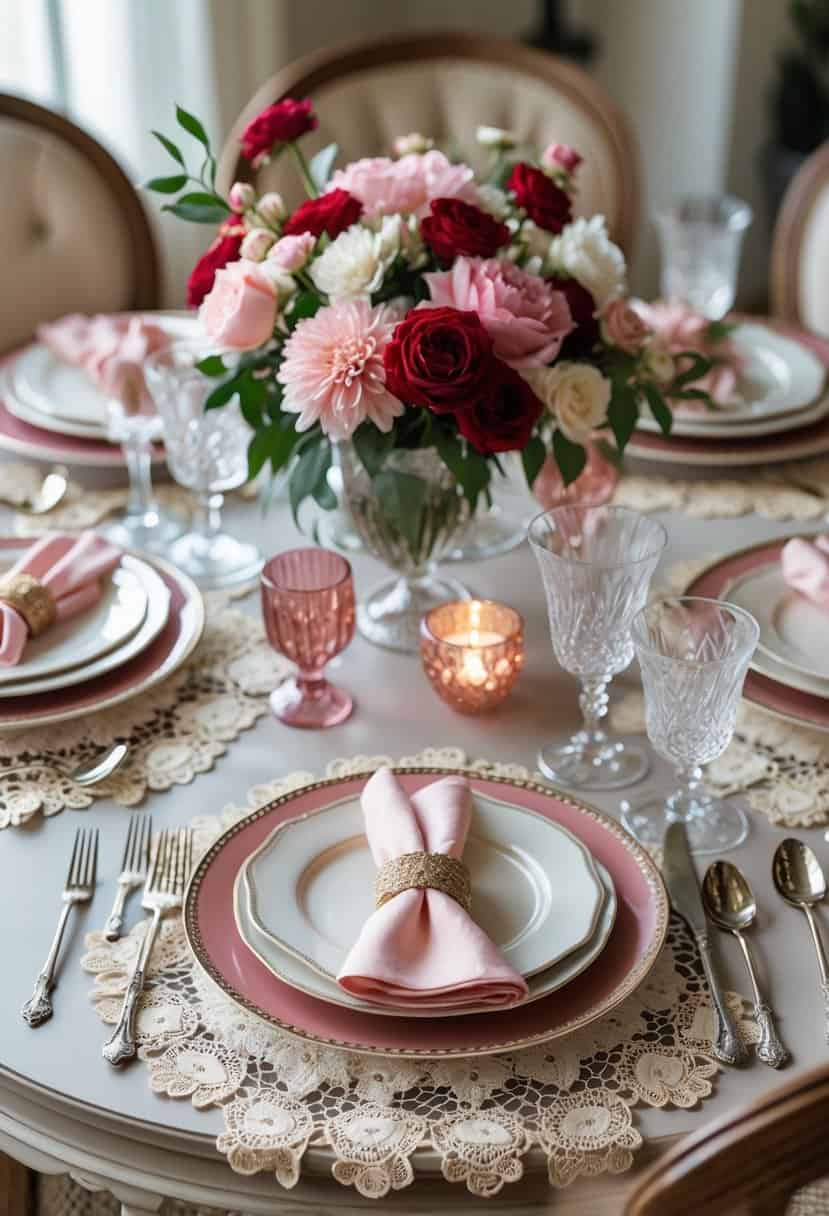 A table set with vintage lace placemats, plates, silverware, glassware, and floral centerpieces for a festive gathering.