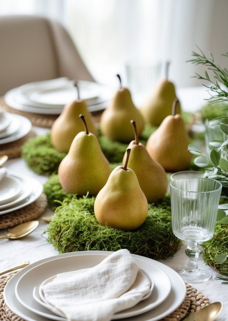A dining table set with white plates, gold cutlery, and linen napkins, decorated with fresh pears arranged on green moss as a centerpiece.
