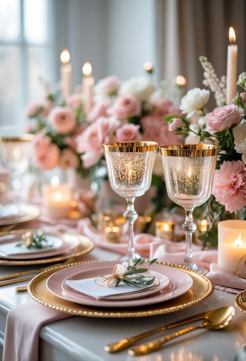 A beautifully arranged table with gold-rimmed glasses, pink and white flowers, candles, and pastel table linens set for a celebration.