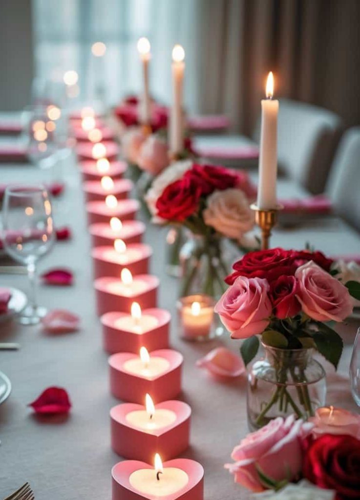 A dining table set with pink heart-shaped candles, wine glasses, pink napkins, gold cutlery, and vases of red and pink roses.