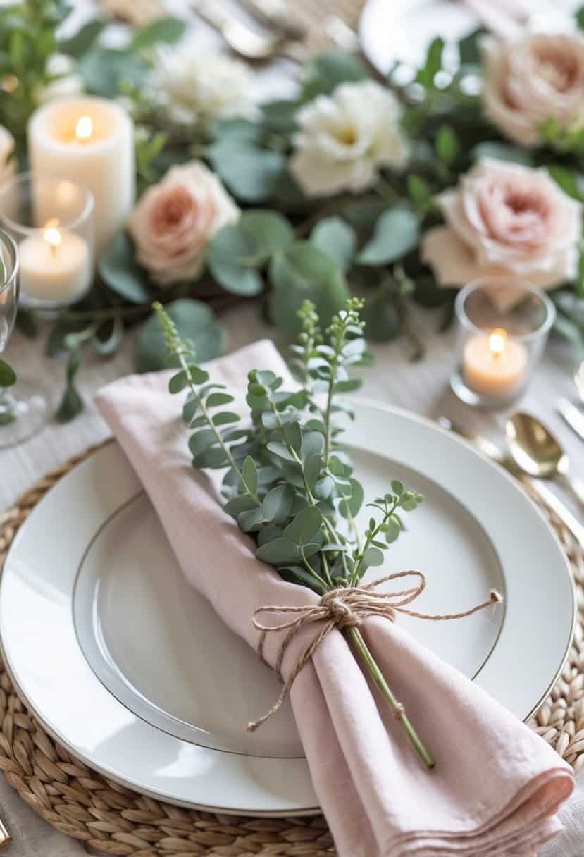 A table set for a celebration with napkins wrapped in fresh eucalyptus sprigs used as napkin rings, surrounded by flowers and candles.