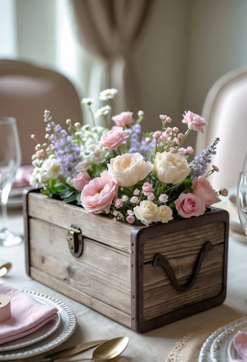 A vintage wooden toolbox filled with small pastel-colored flowers placed as a centerpiece on a decorated table.