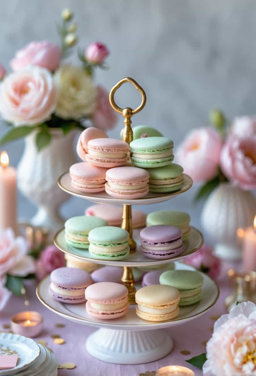 Pastel-colored macarons arranged on a tiered tray surrounded by flowers and table decorations.