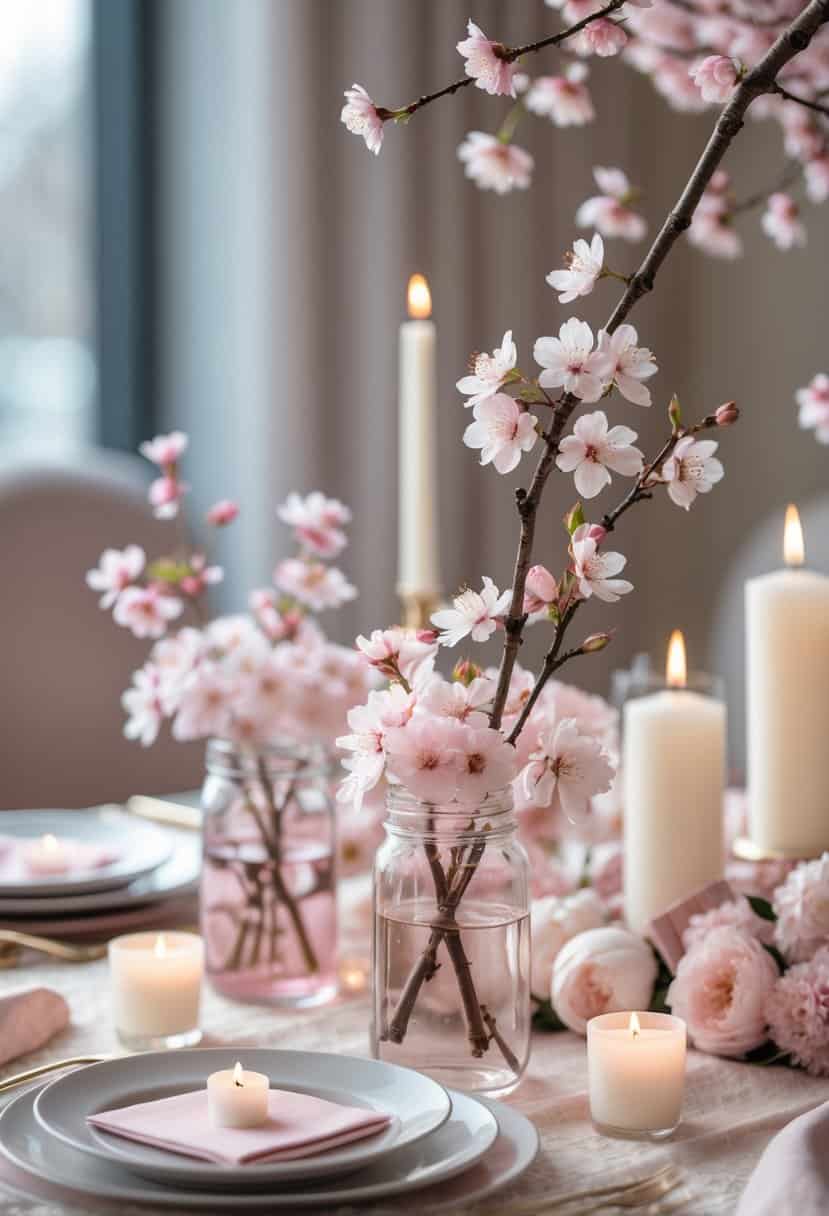 Cherry blossom branch in small glass jars arranged on a decorated table for a celebration.