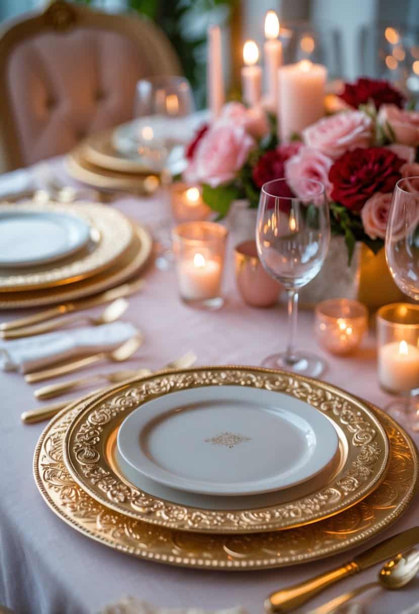 A beautifully set table with dinner plates on embossed gold charger plates surrounded by floral decorations and candles.