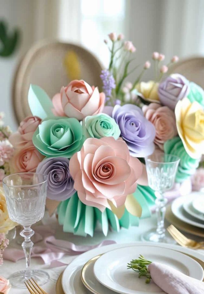 Elegant table setting with white plates, gold cutlery, and crystal glasses, featuring centerpieces of pastel-colored paper flowers.