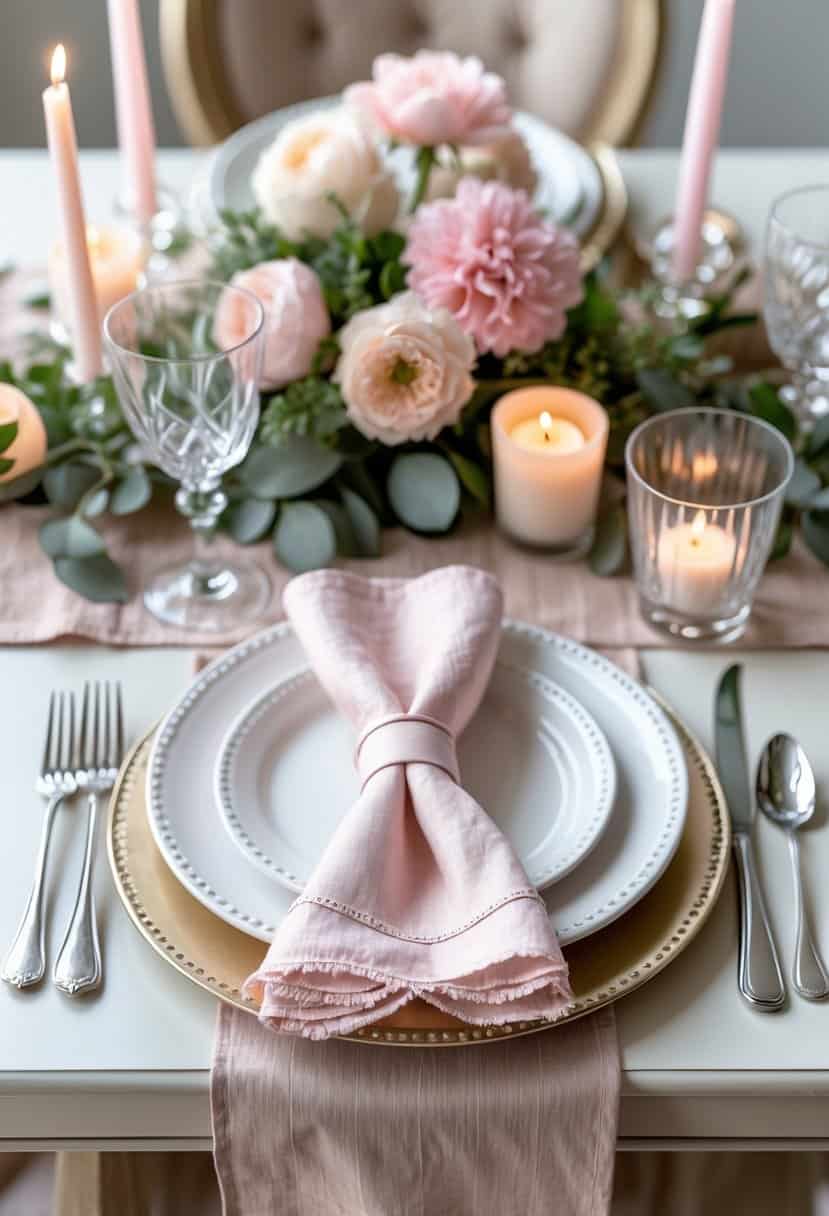 A table set with pale pink linen napkins with delicate trim, white plates, flowers, candles, and glassware arranged for a celebration.