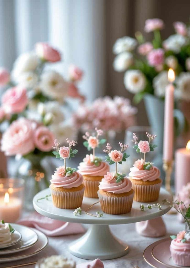 A cake stand with four cupcakes topped with pink floral decorations, surrounded by candles, plates, and vases of pink and white flowers on a decorated table.