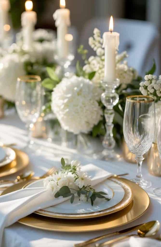 Elegant table setting with gold-rimmed plates and glasses, white floral arrangements, and lit white candles on a white tablecloth.