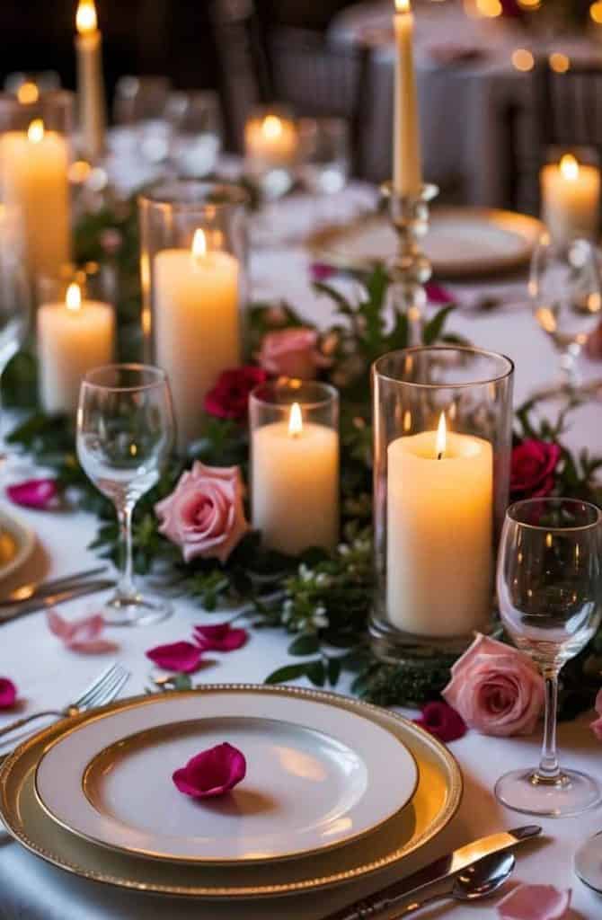A formal dining table is set with gold-rimmed plates, glassware, lit candles, and scattered rose petals, surrounded by pink and red flower arrangements.