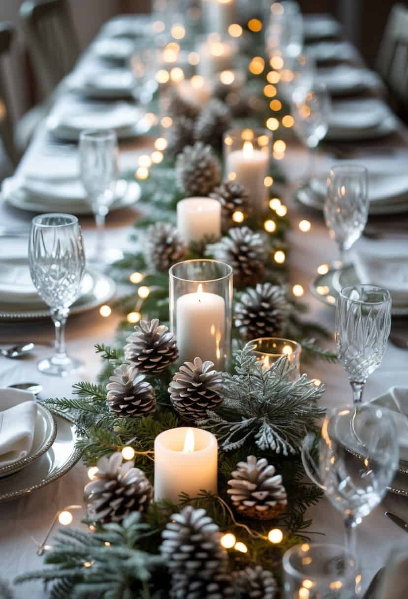 A wedding table decorated with pinecones, fairy lights, white linens, candles, and greenery creating a winter-themed setting.