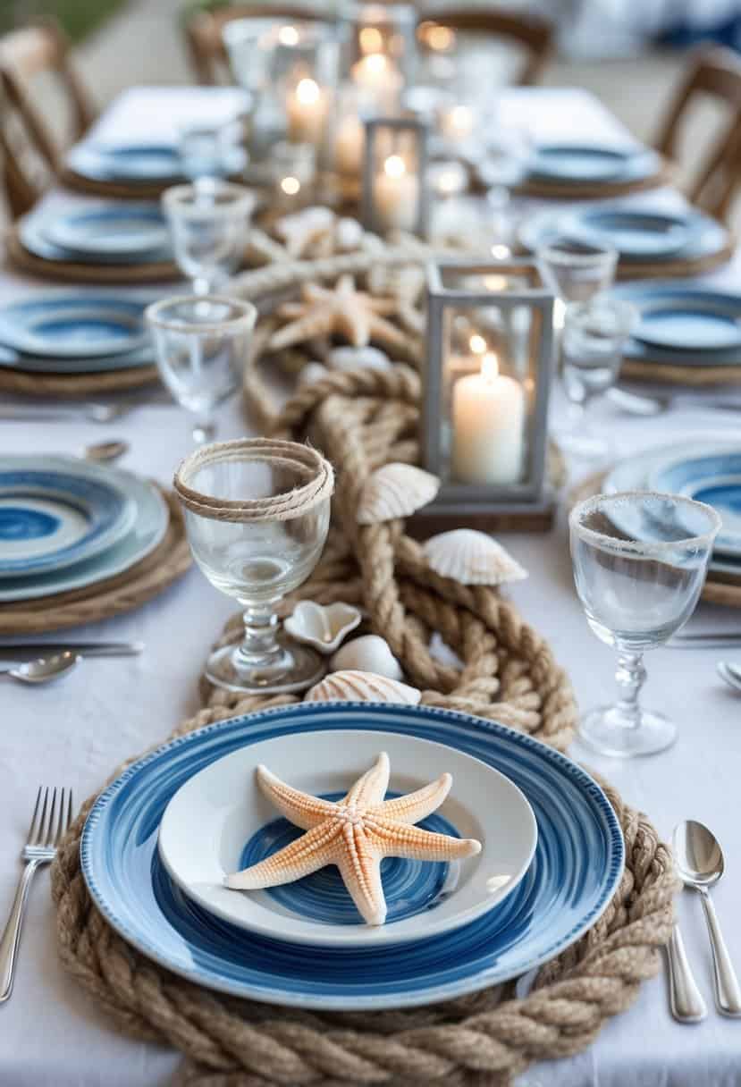 A wedding table decorated with rope accents, seashells, glass candle holders, and blue and white plates.