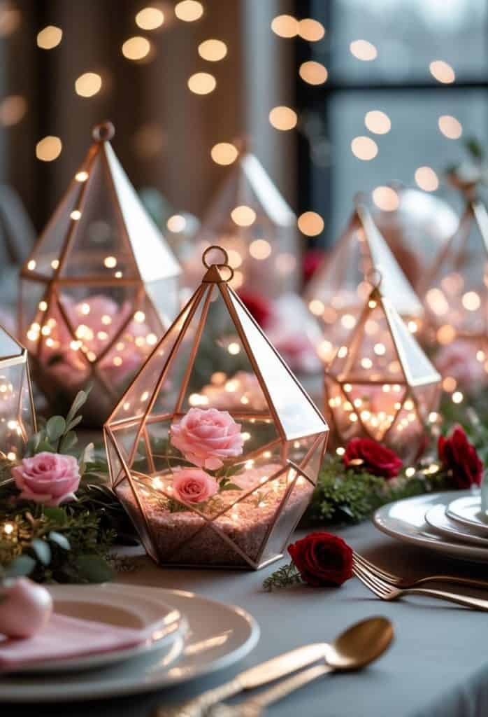 Geometric glass terrariums with pink roses and string lights decorate a dining table set with plates, cutlery, and red rose accents.