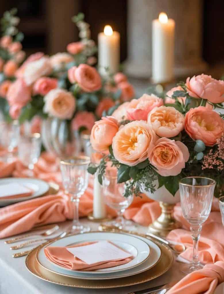 Elegant table setting with gold-rimmed plates, glassware, peach napkins, and floral centerpieces of peach and pink roses, accented by lit pillar candles in the background.
