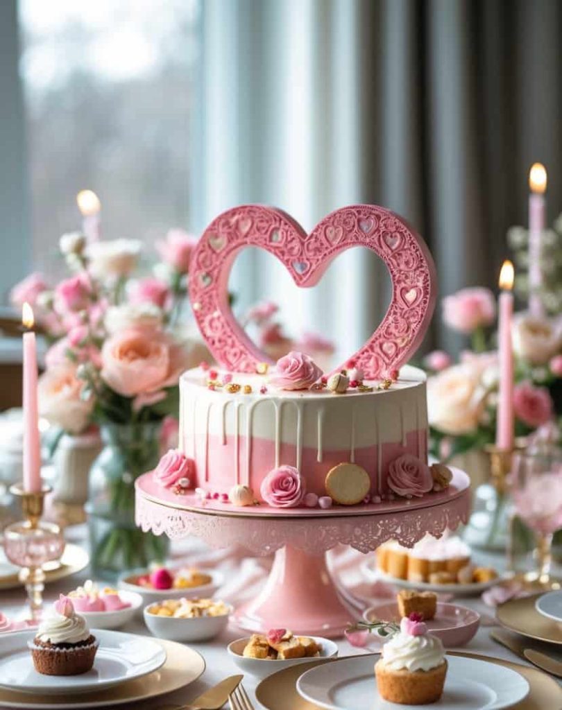 A decorated cake with a large pink heart topper sits on a table set with cupcakes, pastries, and flowers in a pastel-themed setting.