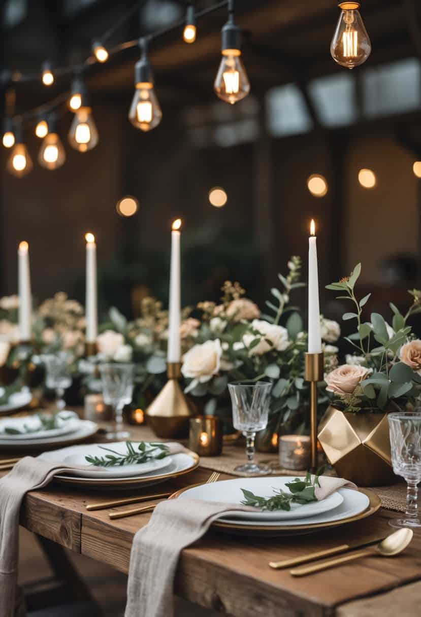 A wedding table set with metal candle holders, Edison bulb lighting, wooden surfaces, white plates, and floral decorations.
