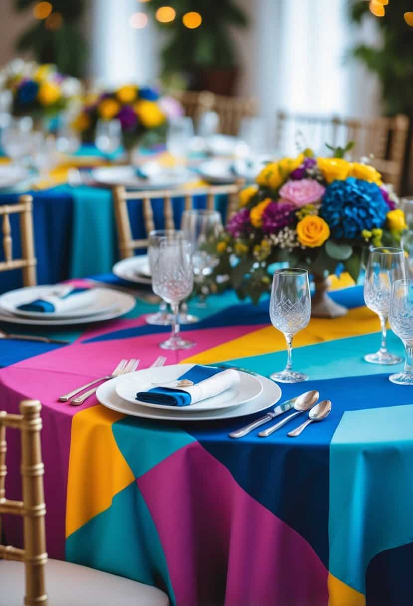 A wedding table set with plates, silverware, glassware, and floral centerpieces on a colorful geometric patterned tablecloth.