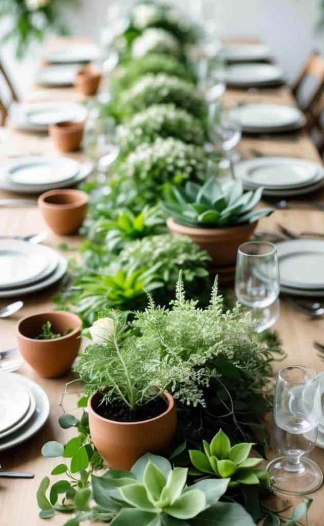 A wooden dining table set with white plates, glassware, and cutlery, featuring a centerpiece of green plants and succulents in terracotta pots.