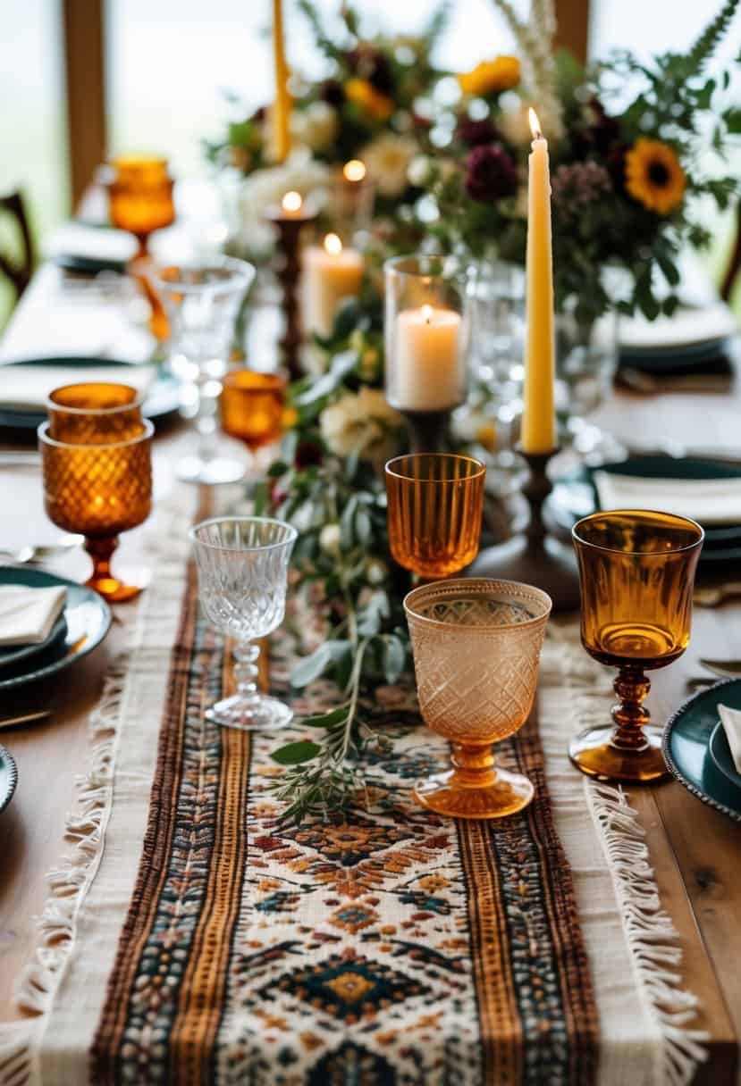 A wedding table decorated with a patterned tapestry runner, assorted vintage glassware, flowers, and candles.