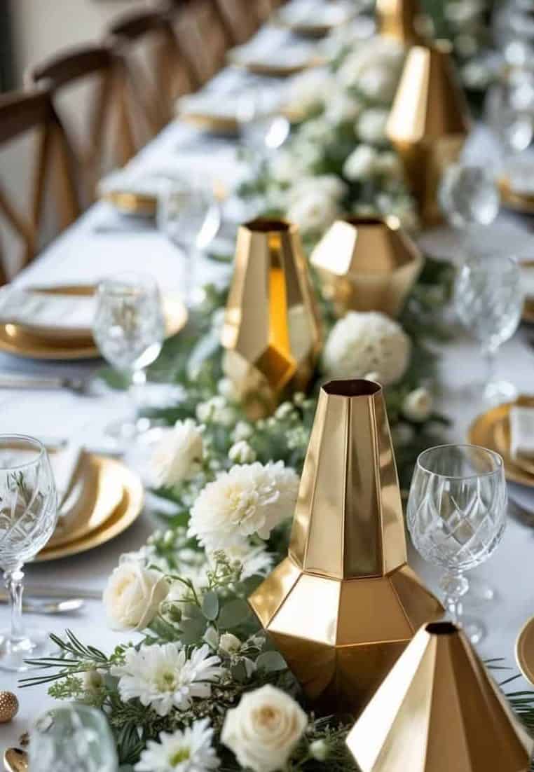 A long dining table set with gold geometric vases, white flowers, greenery, gold plates, glassware, and neatly folded napkins.