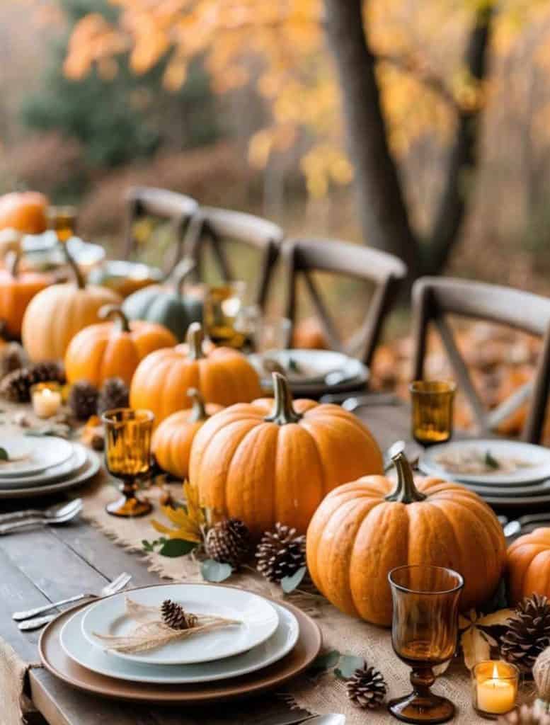 A wooden table set for a meal with plates, cutlery, amber glasses, pumpkins, pinecones, and candles, outdoors with autumn foliage in the background.