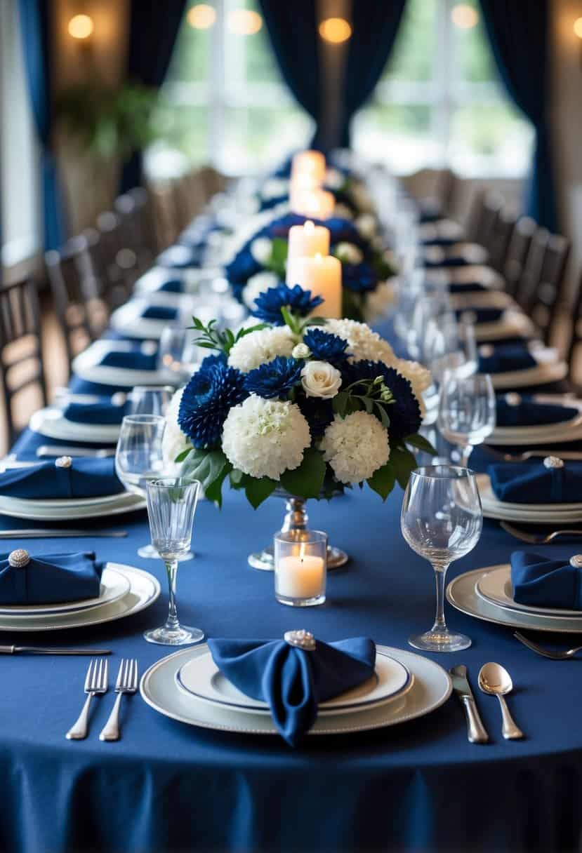 A dining table set with navy blue tablecloth, matching napkins, white dinnerware, glassware, silver cutlery, and floral centerpieces with candles.