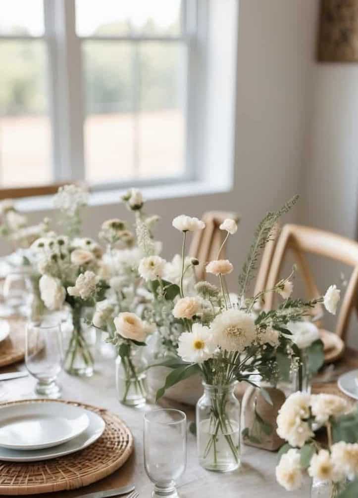 A dining table set with white plates, glasses, woven placemats, and vases of white and cream flowers, with natural light coming through a window in the background.