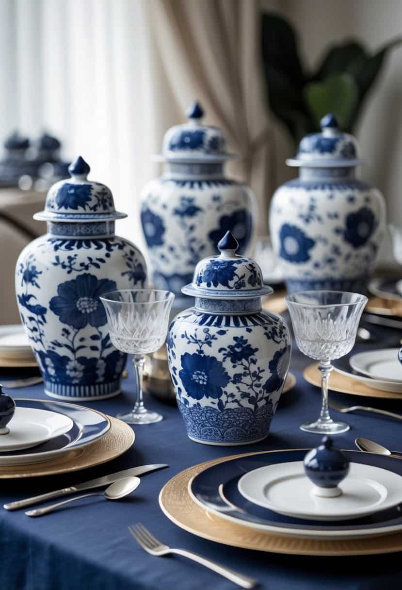 A table set with navy and white porcelain ginger jars arranged on a navy blue tablecloth with plates, cutlery, and glasses.