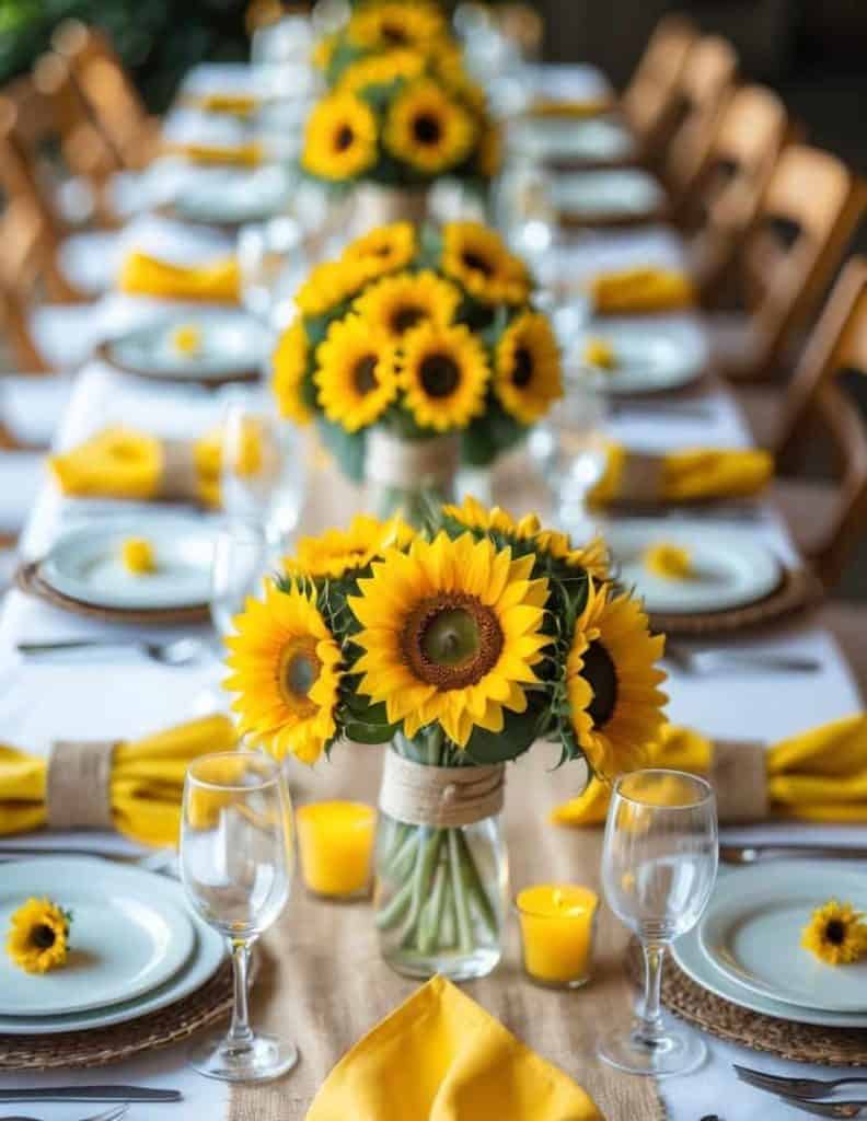 A long banquet table is set with yellow napkins, sunflowers in vases, glasses, plates, and small yellow candles, arranged in an orderly and festive manner.
