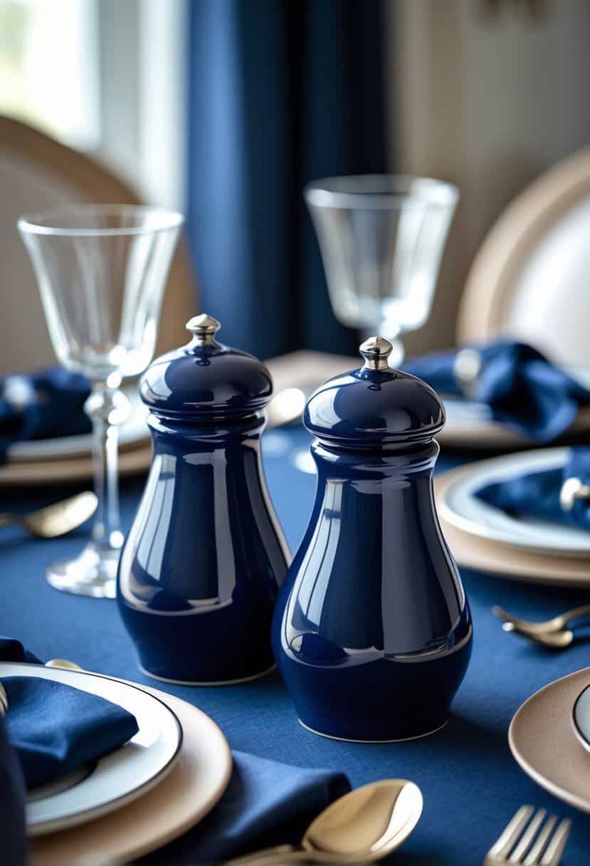 A pair of navy blue ceramic salt and pepper shakers on a navy blue dining table with tableware and decorations.