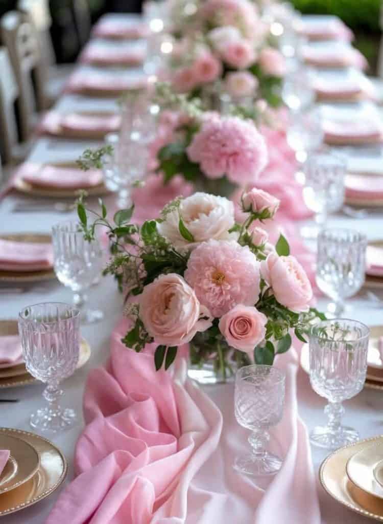 A long table set for an event features pink and white floral centerpieces, pink napkins, gold-rimmed plates, and crystal glasses on a white tablecloth with a pink runner.